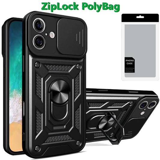 GSA iPhone16+ Case Camera Cover with Ring Kick Stand -Black 6.7 screen