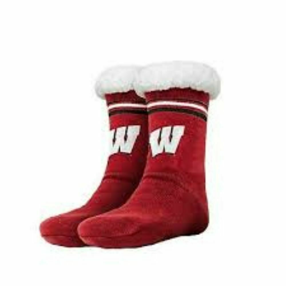 FOCO NCAA Badgers Solid Stripe Logo Footy Slipper Non-Skid Bottom