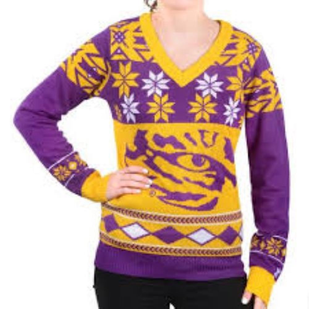 FOCO NCAA LSU Tigers Women's Big Logo V-Neck Sweater - Small