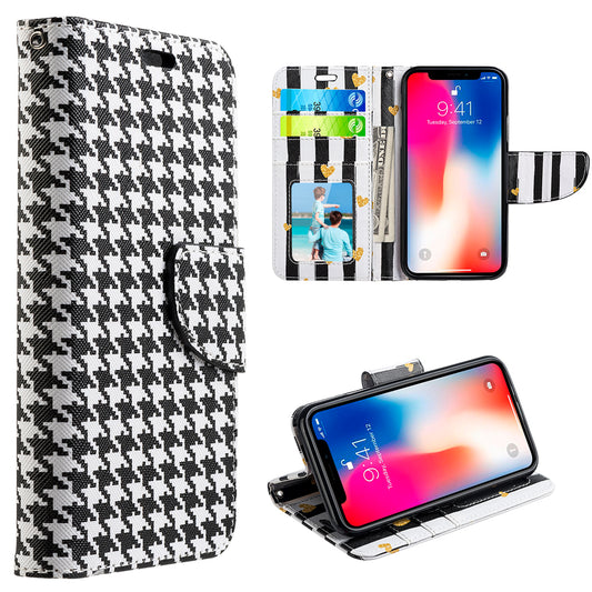 GSA Hounds Tooth Folio Flip Wallet Case for iPhone X, XS, (5.8") Black White