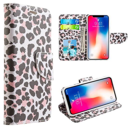GSA Lady Leopard Folio Flip Leather Wallet Case for iPhone X, XS (5.8")