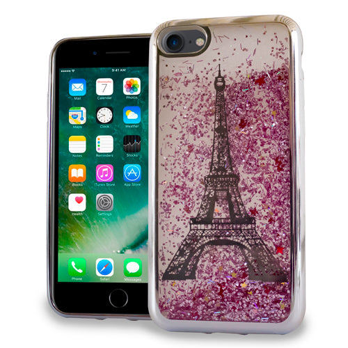 GSA Liquid Glitter Eiffel Tower Case For iPhone SE (2022-20), 8, 7, Silver/Pink