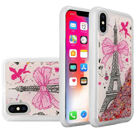 GSA Liquid Glitter Eiffel Tower Candy Case For iPhone XS & X (5.8") - Clear/Pink