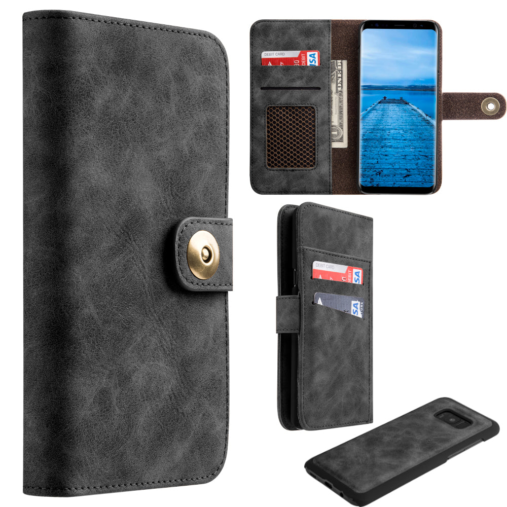 GSA Luxury Flip Leather Wallet w/Detachable Case For Samsung Galaxy S8 - Black