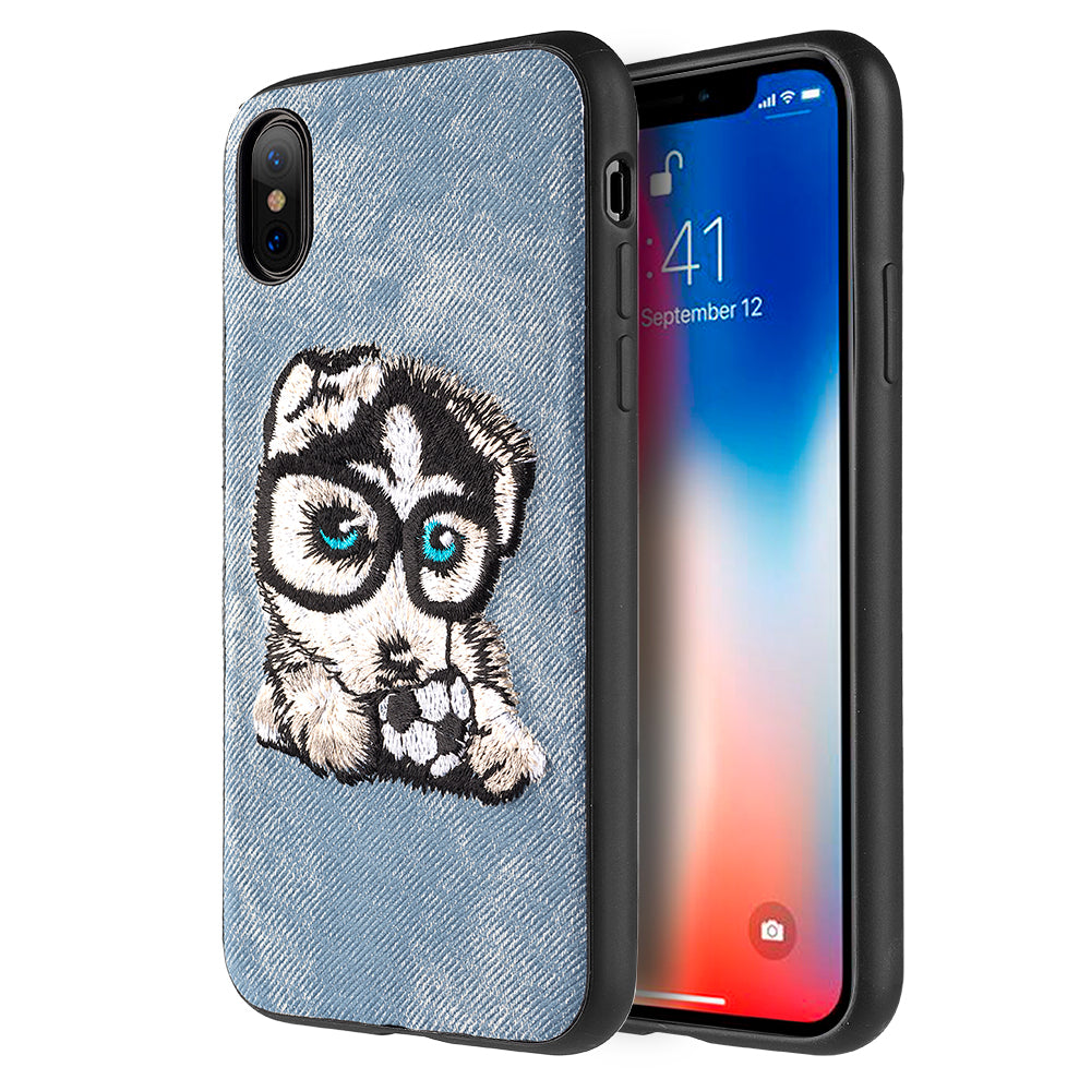 GSA Adorable Embroidery Huskie Puppy Candy Case For iPhone X, XS (5.8") Blue