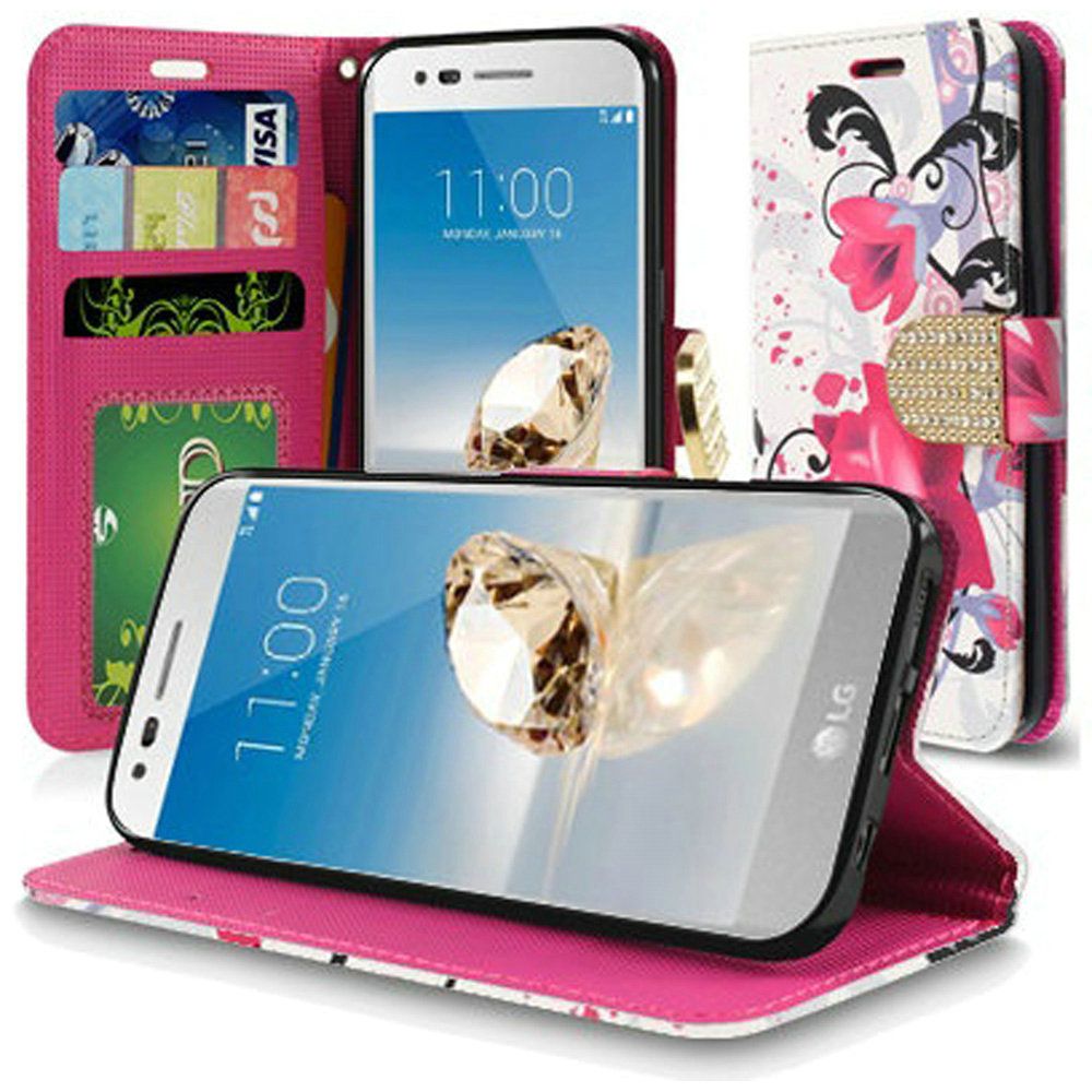GSA Leather Wallet Lily Case For LG (Aristo 2, 2 Plus, 3 Plus), Tribute Dynasty Pink White