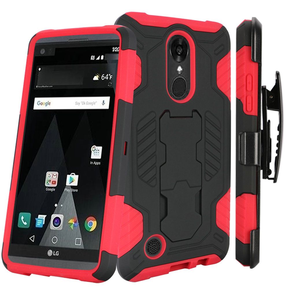 GSA Supercoil Hybrid Kickstand Case w/Holster For LG (Aristo 2, 2 Plus, 3 Plus), Black & Red