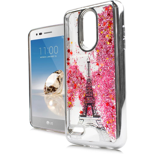 GSA Liquid Glitter Motion Eiffel Tower Case For LG Aristo 2, Aristo 2 Plus, Fortune 2, Tribute Dynasty Silver/Pink