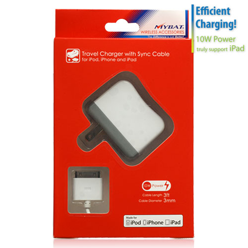 Travel Charger with Sync Cable for Apple iPad, Apple iPad 2, Apple iPhone 3G/3GS, Apple iPhone 4S/4, Apple iPod nano (3rd generation +)