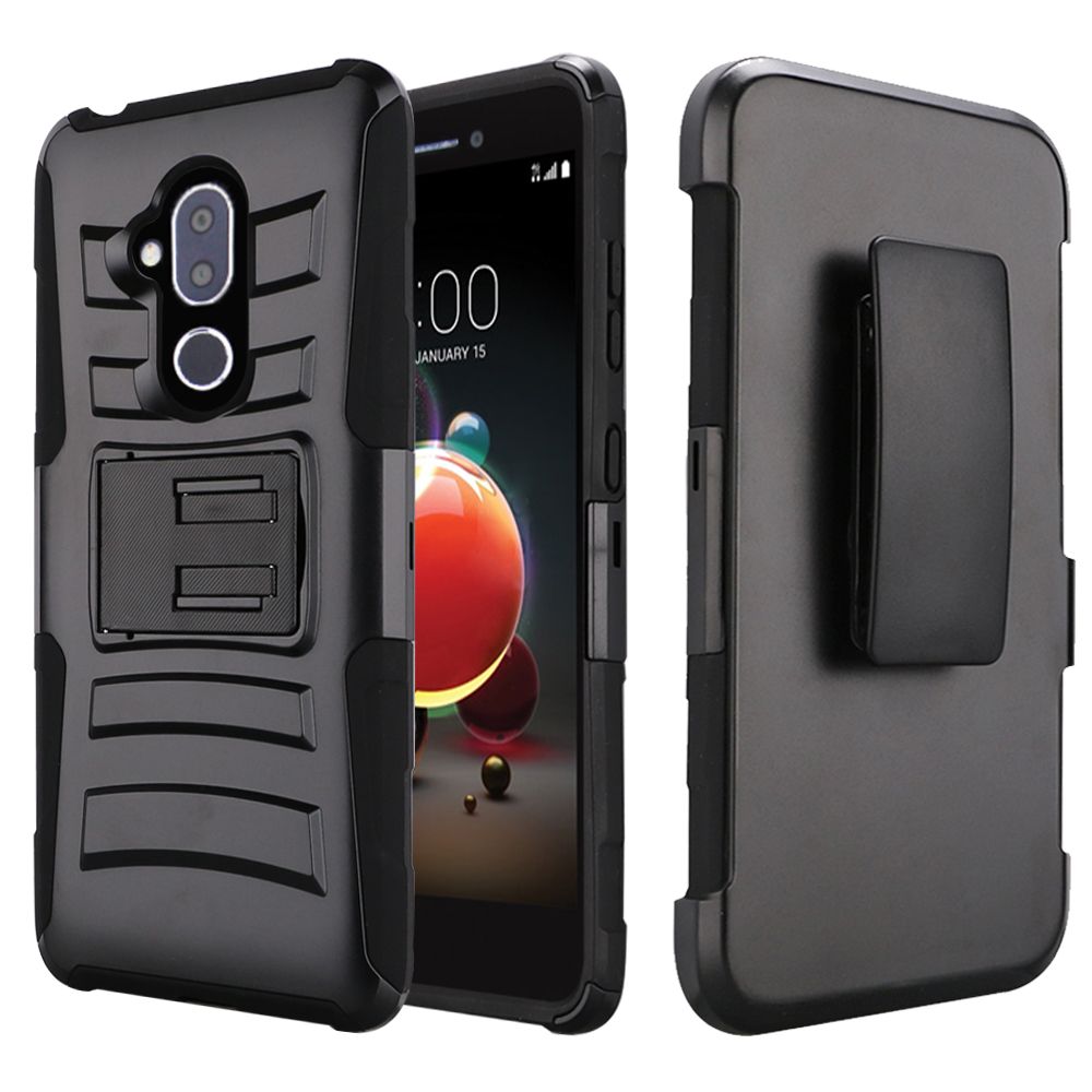 HRW Armor Hybrid Side Kickstand With Holster Clip Case For Alcatel 7 Folio Black
