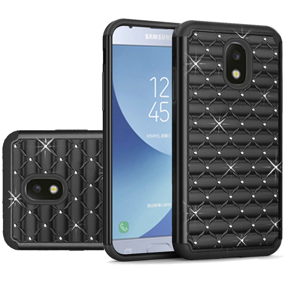 GSA Studded Rhinestone Tough Hybrid Case For Samsung Galaxy J3 (2018), J337, J3 Star, J3 Achieve & Express Black