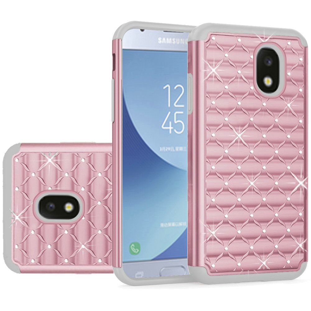 GSA Studded Rhinestone Hybrid Case 3 For Samsung Galaxy J3 (2018), J337, J3 Star, J3 Achieve & Express Rose Gold
