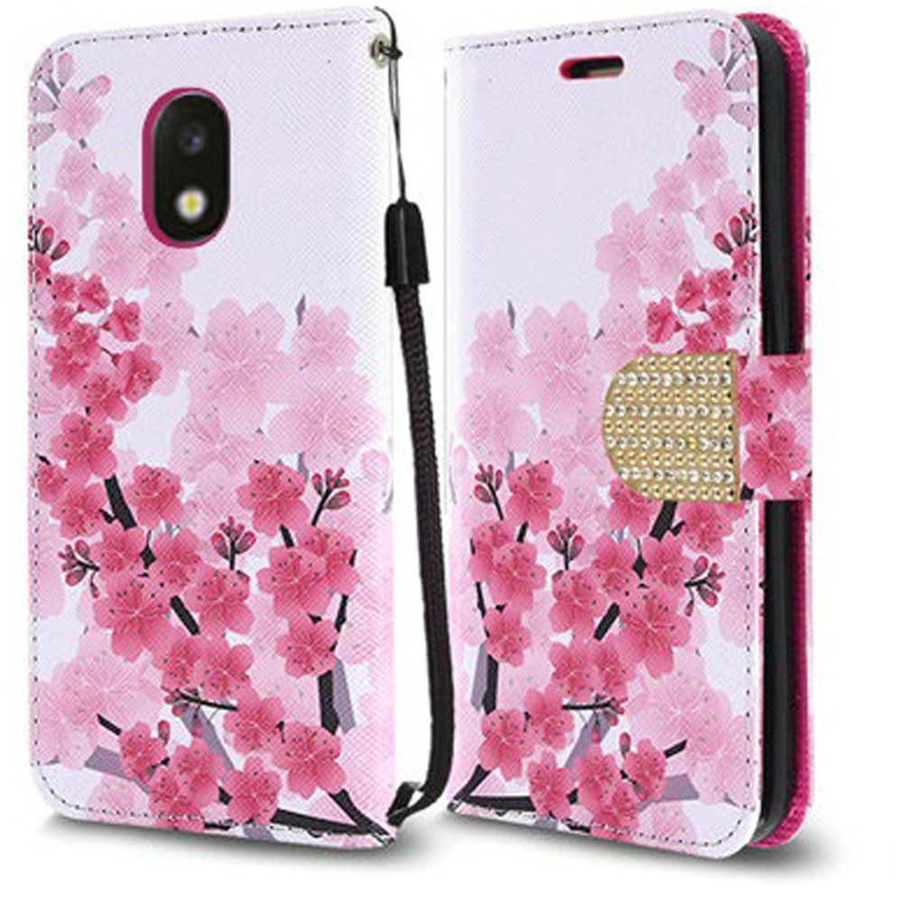 GSA Cherry Blossom Flip Wallet Case For Samsung Galaxy J3 (2018), J337, J3 Star, J3 Achieve & Express Pink