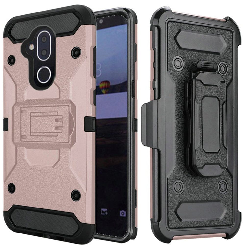 GSA Robust Rugged Holster Clip Case For Alcatel 7 Folio, 6062, T-Mobile REVVL 2 Plus, - Rose Gold/Black