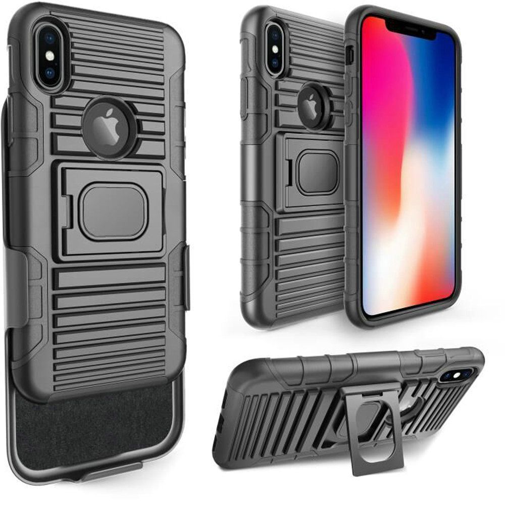 GSA Rubberized Armor Kickstand Hybrid Case w/Holster For iPhone XS Max - Black