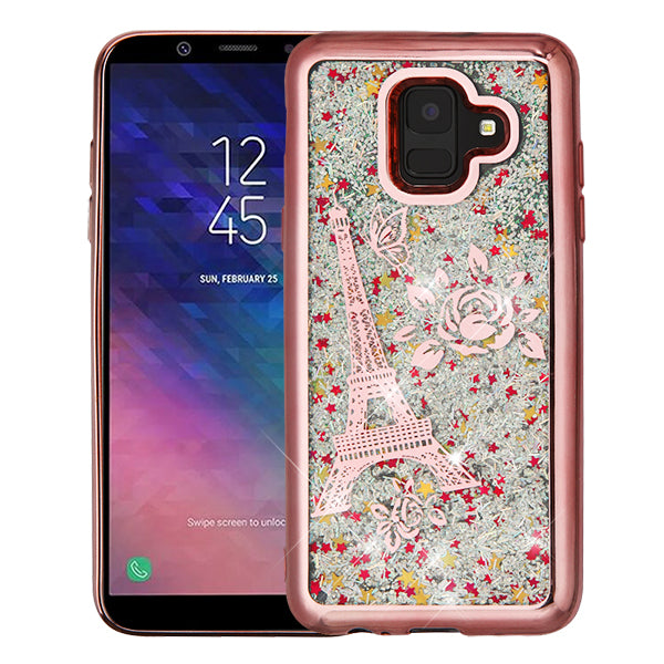 GSA Quicksand Glitter Case For Samsung Galaxy A6, A600 - Rose Gold Electroplating Eiffel Tower Silver Confetti