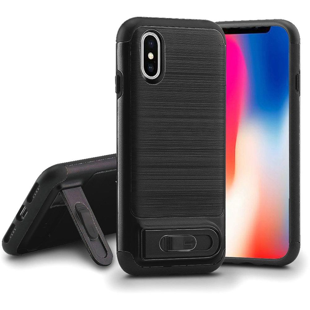GSA Luxury Brushed Metal Kickstand Hybrid Case For iPhone X & XS (5.8") Black