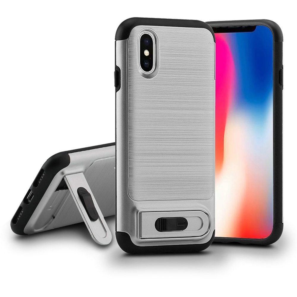 GSA Brushed Metal Kickstand Hybrid Case For iPhone X & XS (5.8") Silver/Black