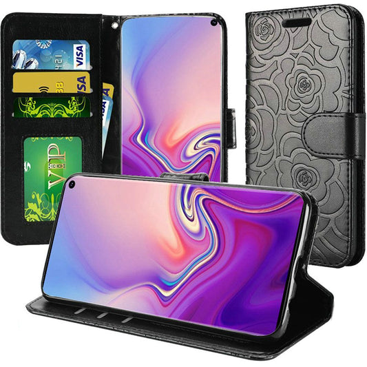 GSA Embossed Roses Flip Wallet Case For Samsung Galaxy S10 (6.1") Black