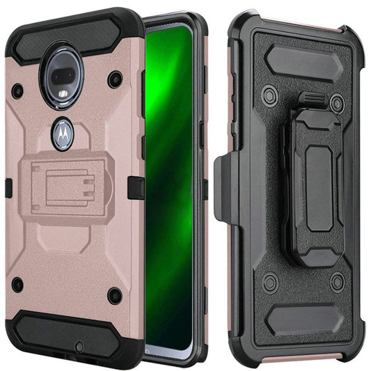 GSA Rugged Holster Case w/Kickstand for Motorola Moto G7 Power & Supra - Rose Gold/Black