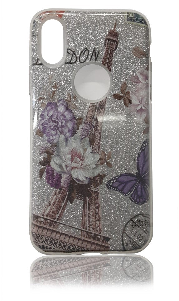 GSA Antique Flower Eiffel Tower Glitter Candy Case For iPhone X & XS (5.8") Silver