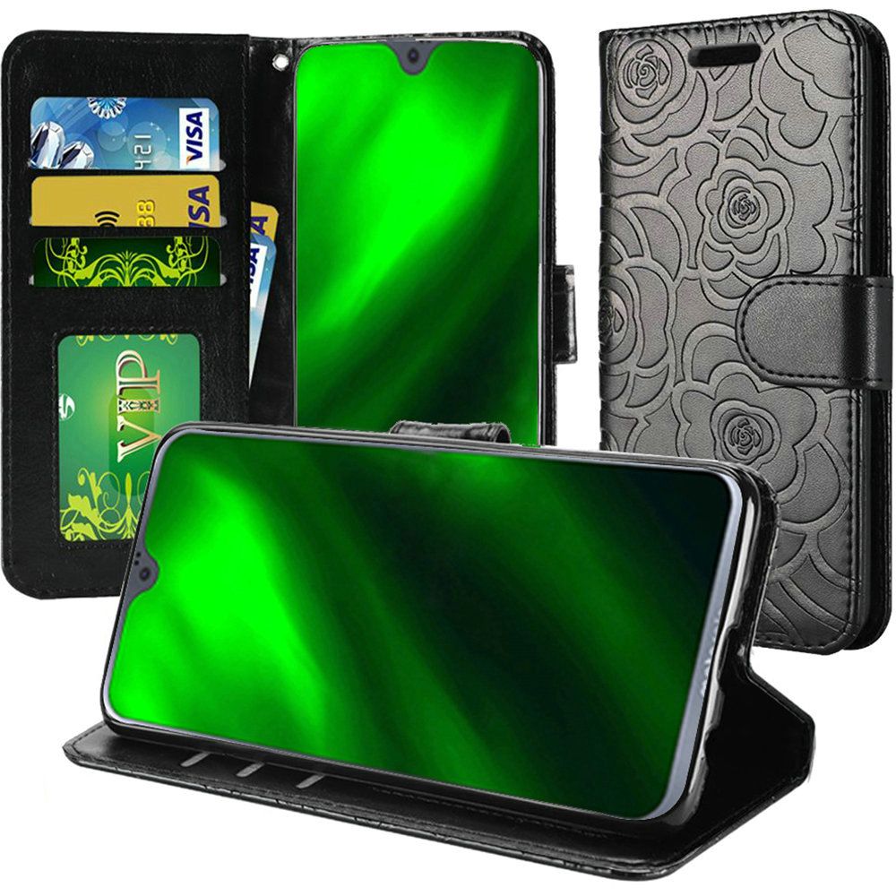 GSA Embossed Roses Flip Wallet Case for Motorola Moto G7 Power & Supra - Black