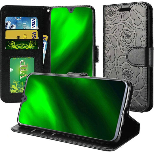 GSA Embossed Roses Flip Wallet Case for Motorola Moto G7 Power & Supra - Black