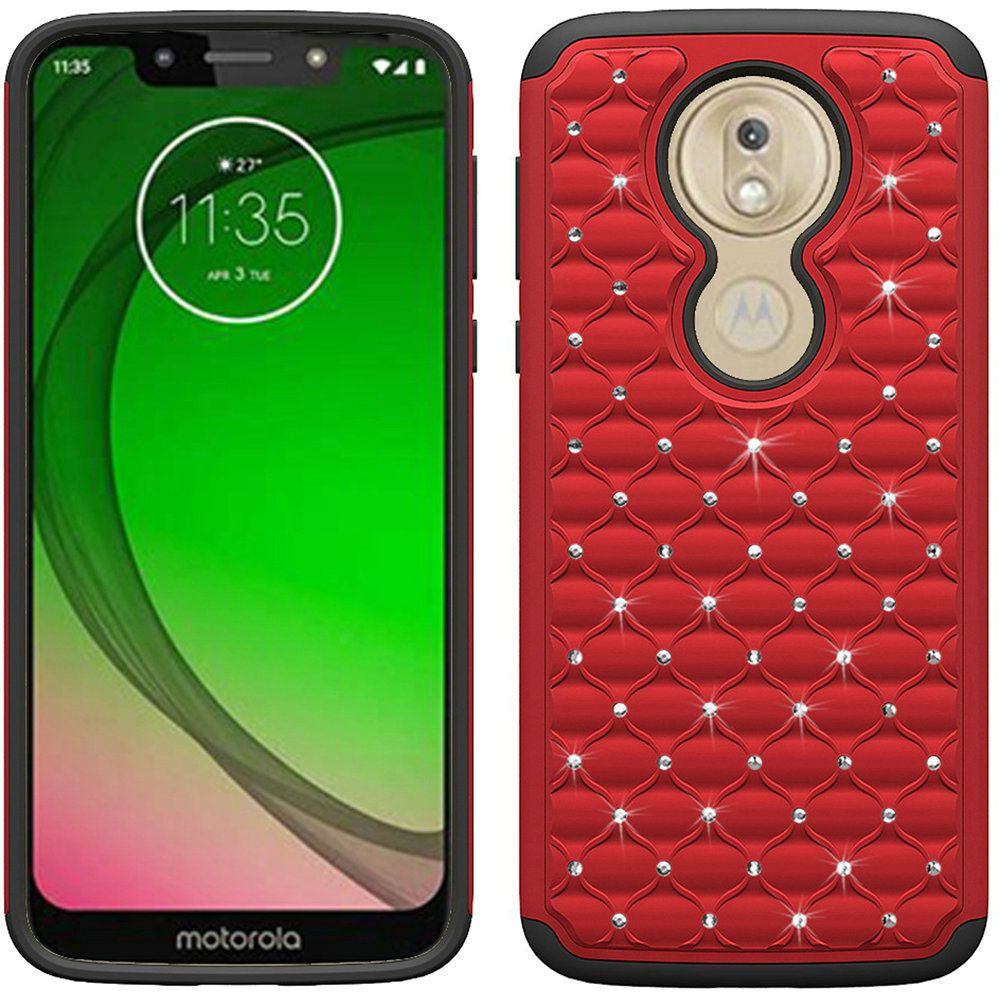 GSA Studded Rhinestone Hybrid Case for Moto G7 Play - Red/Black
