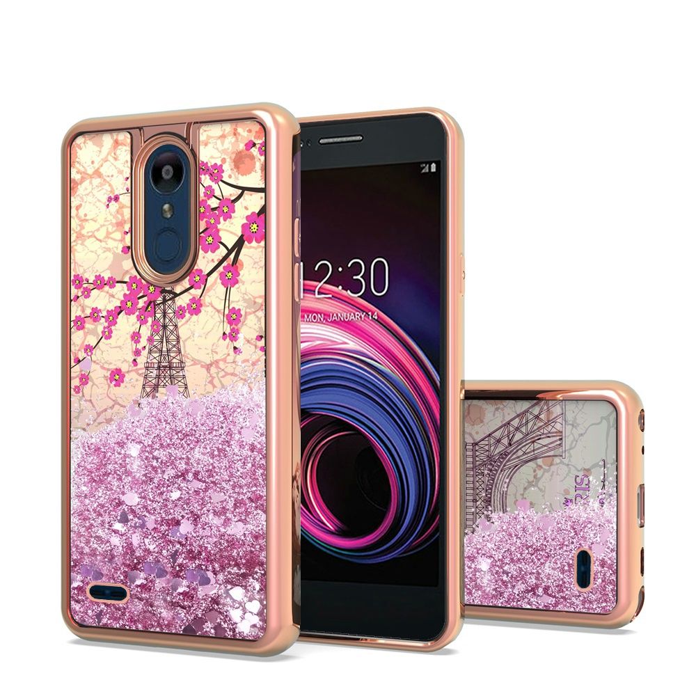 GSA Liquid Glitter Eiffel Tower Blossom Case for LG Aristo 2, 3, 3+ - Rose Gold