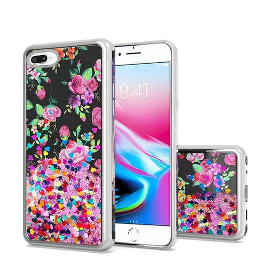 GSA Liquid Glitter Pink Roses Case For iPhone 8 Plus, 7 Plus & 6S Plus (5.5") - Black