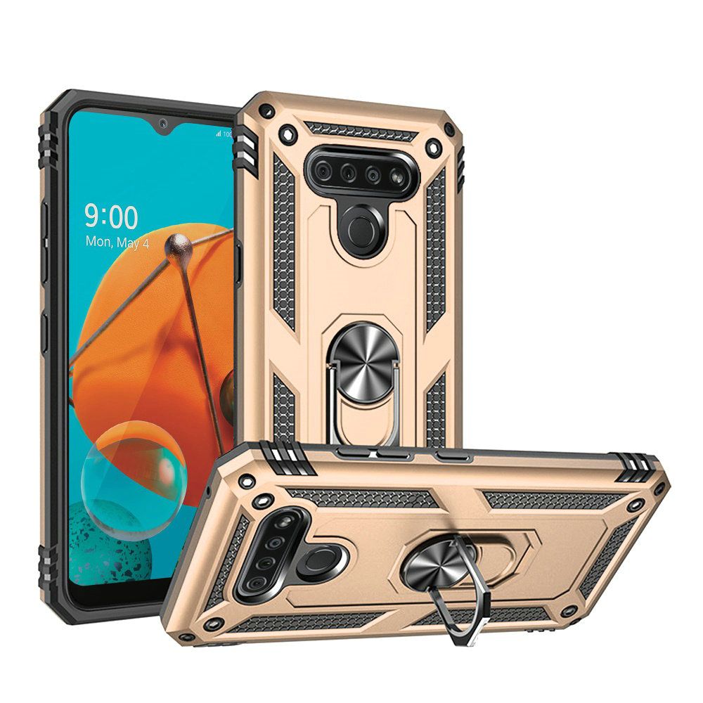GSA Slim Shockproof Hybrid Case w/Ring Stand for LG K51 - Gold/Black