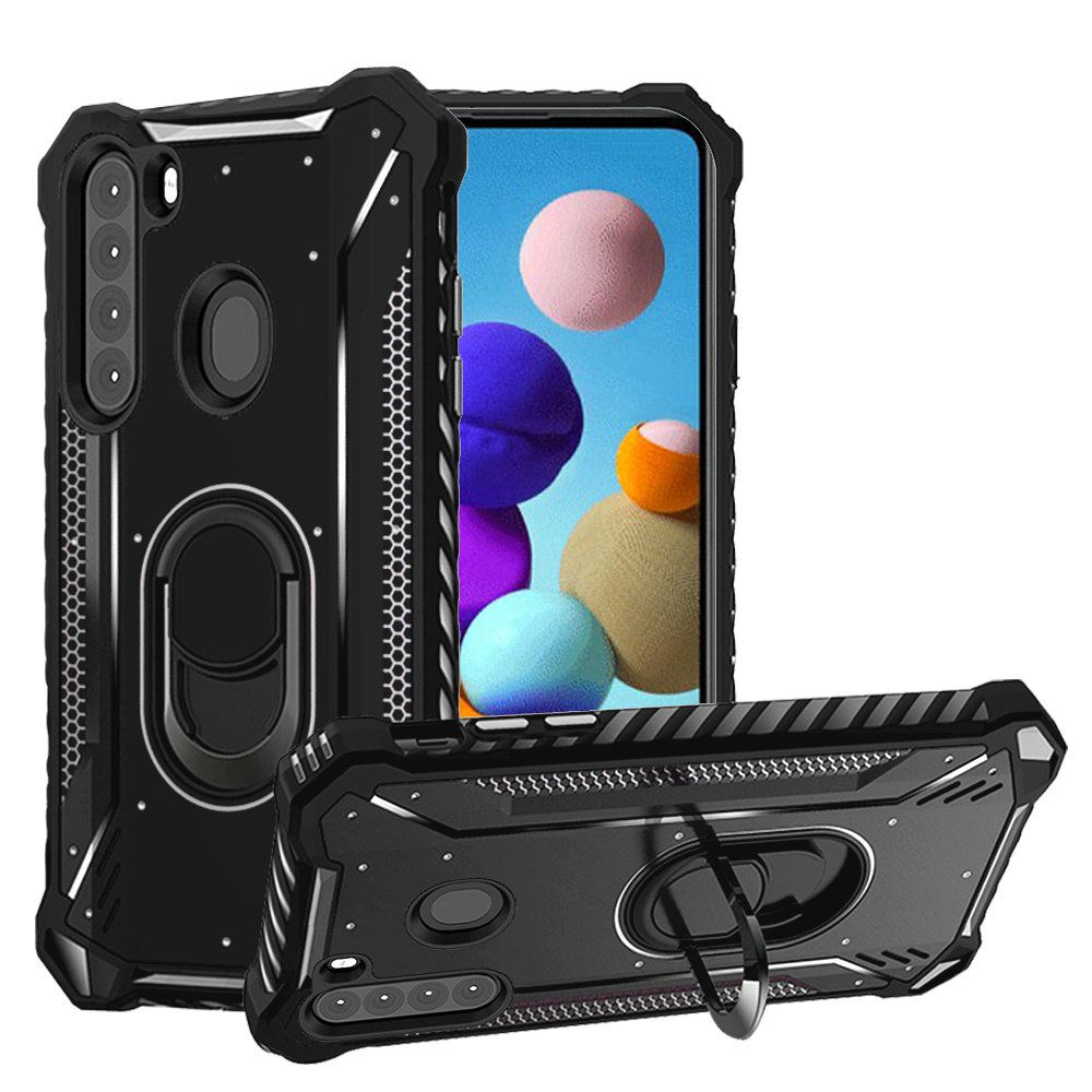 GSA Screw Metal Jacket Case w/Ring Stand for Samsung Galaxy A21 - Black