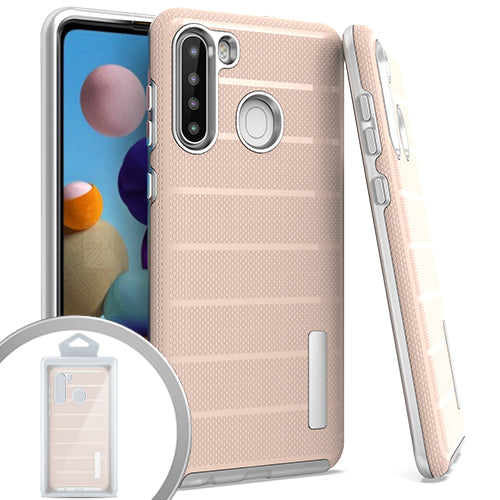 GSA Textured Strip Hybrid Case for Samsung Galaxy A21 - Rose Gold/Silver