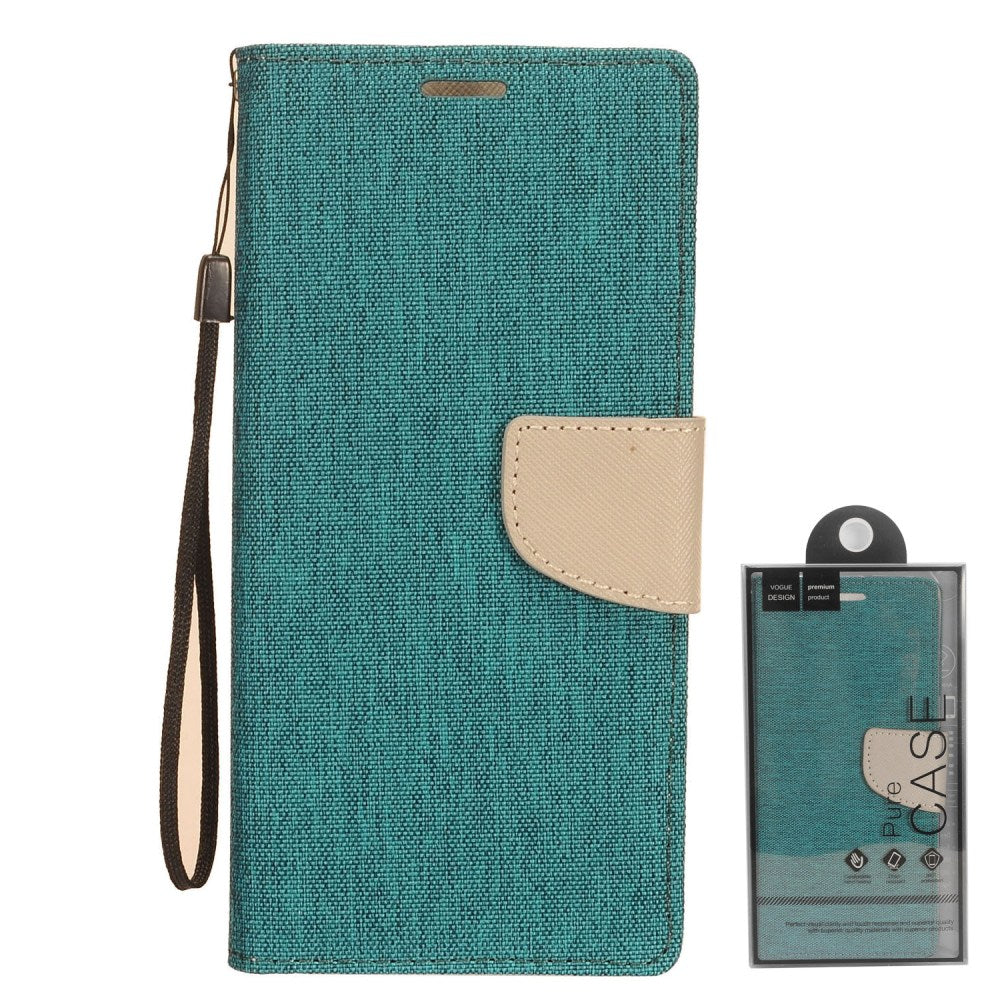 GSA Two-Tone Denim Wallet Case for Samsung Galaxy A11 - Teal/Beige