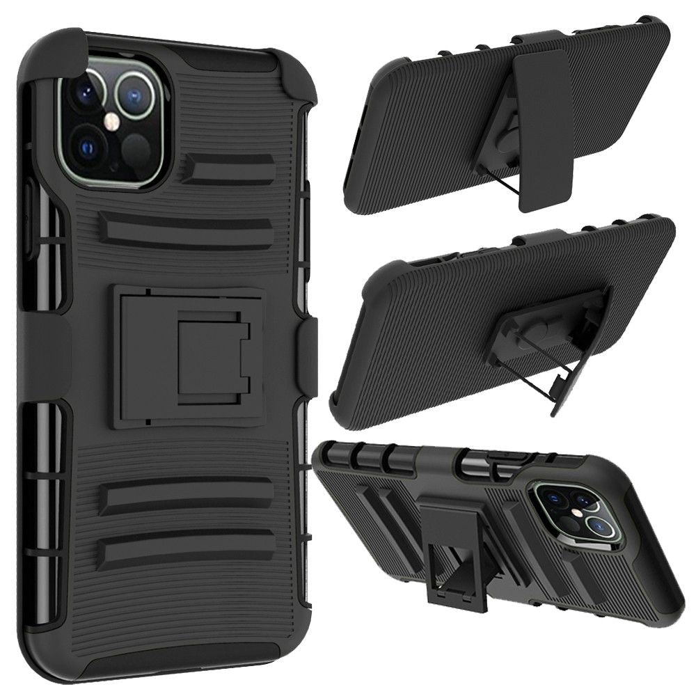 GSA Rubberized Hybrid Kickstand Case w/Holster For iPhone 12/12 Pro (6.1")-Black