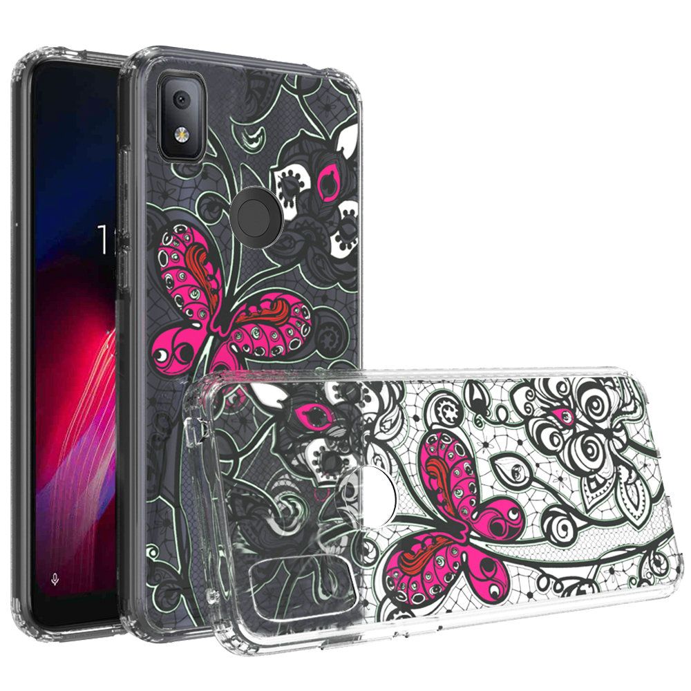 GSA Transparent Butterfly Design Hybrid Case for T-Mobile REVVL 4 - Clear/Pink/Black