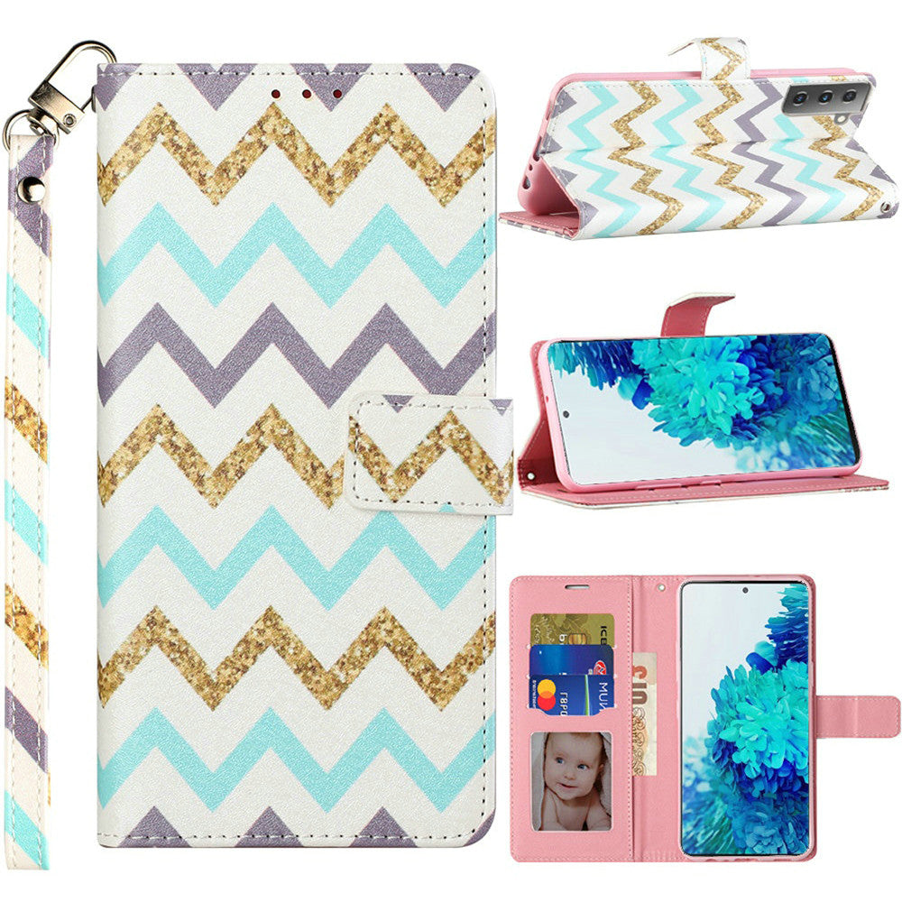 GSA Zig-Zag Pattern Wallet Case for Samsung Galaxy S21 Gray Gold Teal