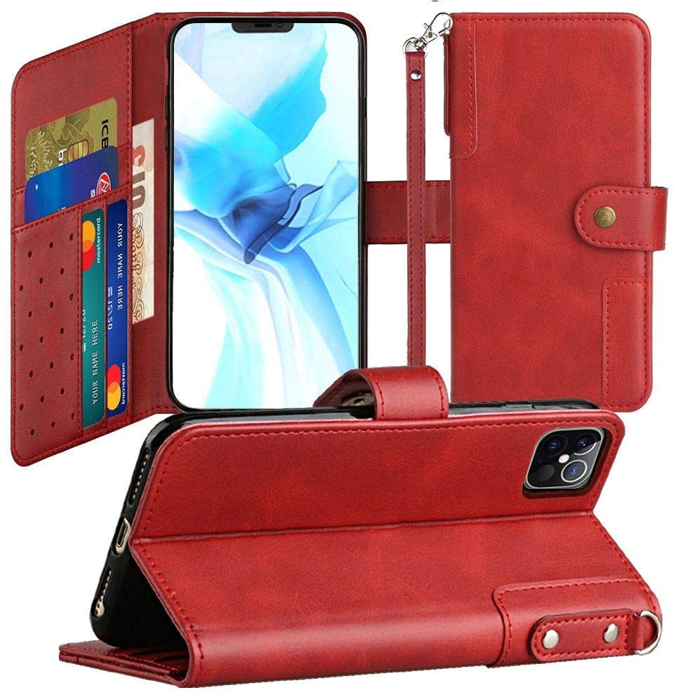 GSA Retro Wallet Card Holder Case Cover for iPhone 12 Pro Max 6.7" - Red