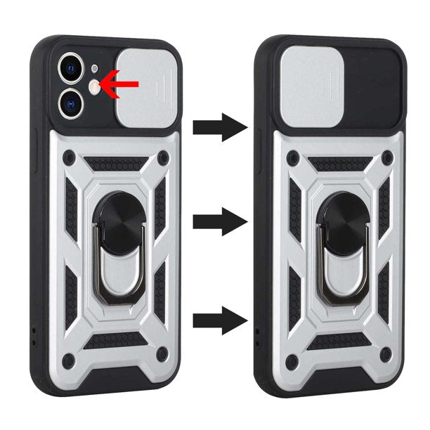 GSA Slim Camera Cover Ring Stand Hybrid Case For iPhone 13 Pro Max - Silver
