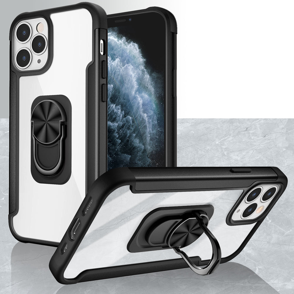 GSA Aluminum Alloy Bumper Magnetic Ring Stand Hybrid Case For iPhone 13 (6.1") - Black