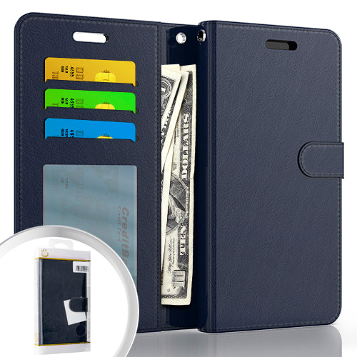 GSA Luxury Flip Leather Wallet Case For iPhone 13 (6.1") - Navy Blue
