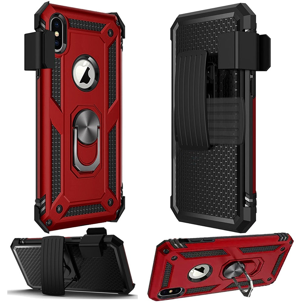 GSA Slim Armor Ring Stand Hybrid Case w/Holster For iPhone 13 (6.1") - Red/Black