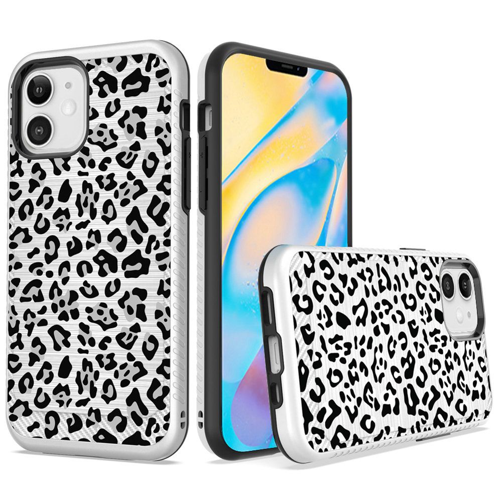 GSA Brushed Metal Leopard Print Hybrid Case For iPhone 13 Pro Max (6.7") -Silver
