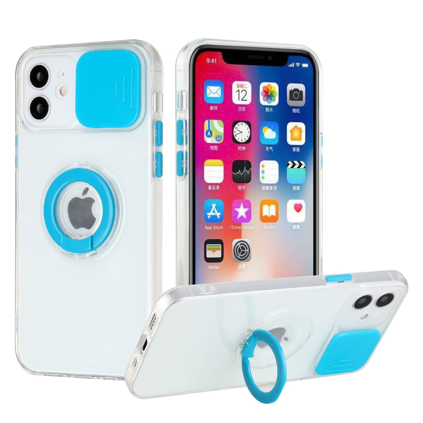 GSA Slick Camera Cover Case w/Ring for iPhone XR/9 - Clear/Turquoise