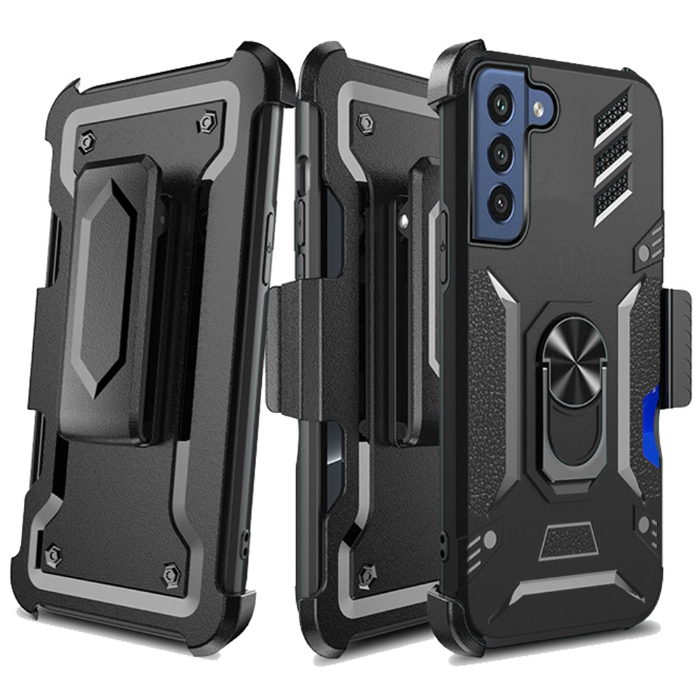 GSA 3 in1 Holster Card Holder Magnetic Ring Stand Hybrid Case For Samsung Galaxy S22 Black
