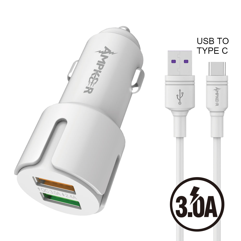 2.4A + (Car Adapter 2 USB Ports + Cable) 5 FT For USB Type C Whit