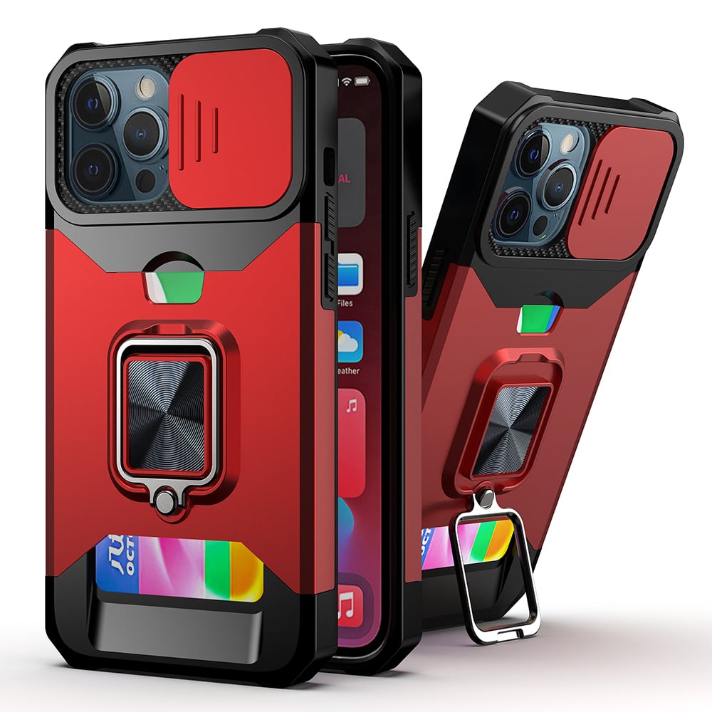 GSA Multi-Function Case Card Holder, Camera Ring Stand For iPhone 14 Pro Max (6.7) - Red