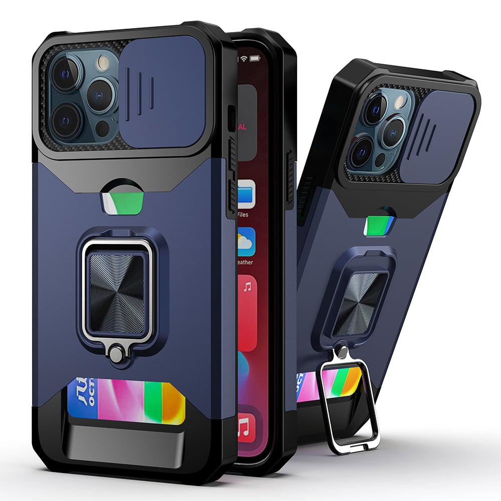 GSA Multi-Functional Card Ring Stand Hybrid Camera Case For Apple iPhone 14 Pro Max 6.7"- Blue
