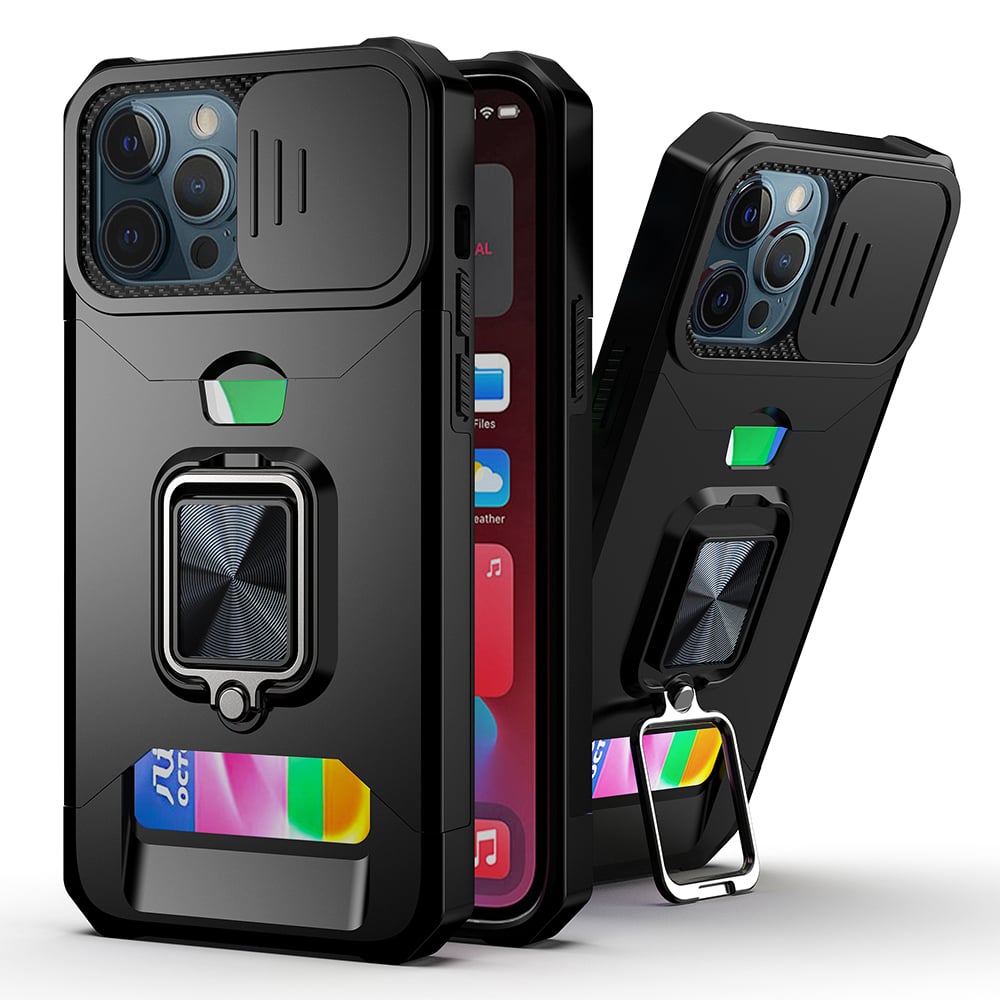 GSA Multi-Functional Card Magnetic Ring Camera Case For Apple iPhone 14 Pro Max 6.7"- Black