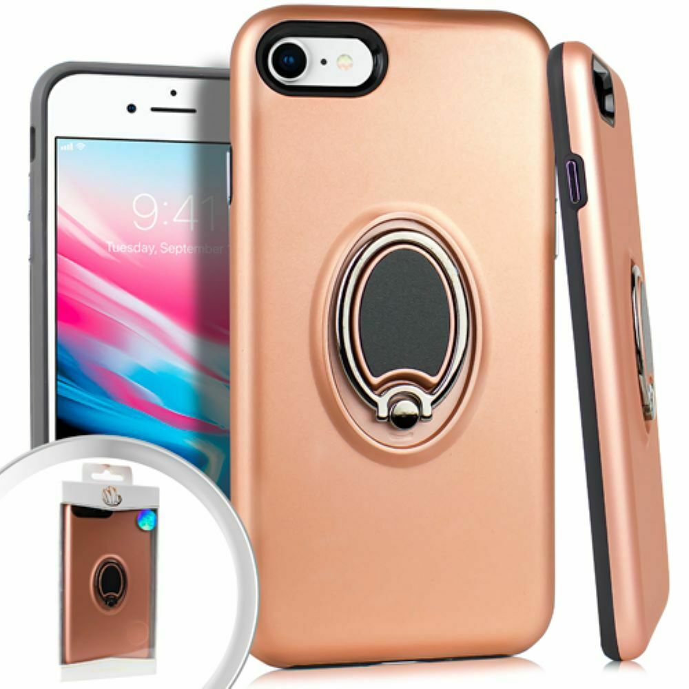 GSA Metallic Hybrid Case w/Magnet Ring Stand for iPhone SE (2022-20),8 & 7 Rose Gold